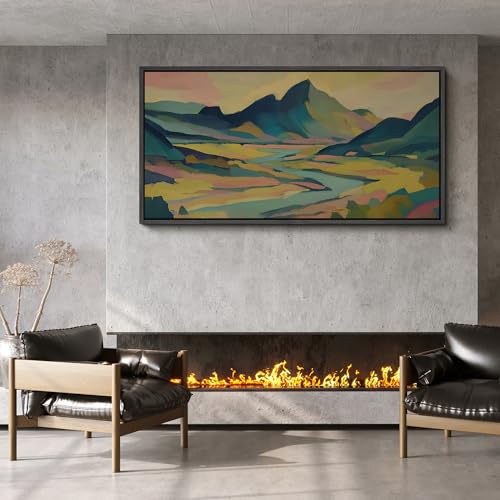 Image of MUDECOR Extra Large Framed Canvas Print Wall Art Colorful Abstract Mountain Landscape Modern Antique Retro Ready to Hang Painting for Living Room Bedroom Multi-Sizes - 60 inchx30 inch