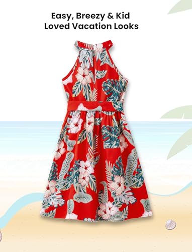 Image of PATPAT Matching Family Hawaiian Outfits - Mommy and Me Hawaiian Dress Matching Set Tropical Palm Leaf Print Summer Dress Halter Neck Dress Vacation Beach Sundress Red Flower Toddler Girl 4-5 Years