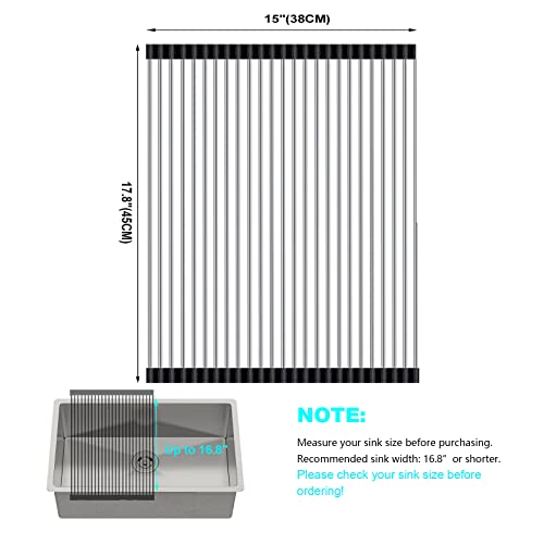 SunCleanse Roll Up Dish Drying Rack, Large Over Sink Dish Drying Rack Drainer, Multi-Use Stainless Steel Foldable Dish Rack for Kitchen Sink Countertop, 17’’L×15’’W, Black