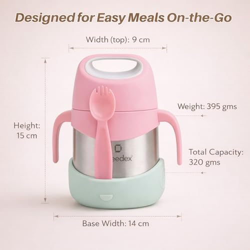 Image of Speedex Kids Insulated Food Jar 320ml Coral Pop (Peach), 304 Stainless Steel Lunch Box with Handle & Spork, Leak Proof BPA-Free Double Wall Vacuum Tiffin, Hot & Cold Food Container