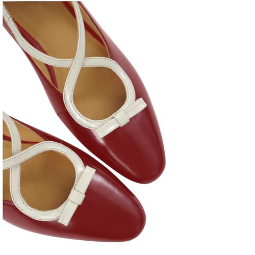 LEMUTISME Women's Vintage Spring-Summer Matte Leather Round Toe Comfort Two-Tone Bow Mary Jane Flats Shoes4