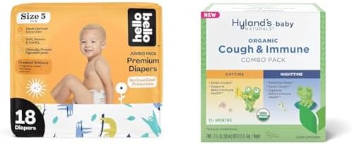 Hello Bello Premium Baby Diapers Size 5, 18 Count of Disposable Comfort Fit Diapers - Design: Sleepy Sloth + Hyland's Baby - Organic Cough & Immune Day & Night Combo Pack (4 fl oz) image 2