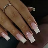 BAOYAALIN Press on Nails Medium Long Square Ombre Nude Pink White Fake Glue on Nails with Simple Design for Women Girls Full Cover Artificial Acrylic False Stick on Nail for Daily Wear Wedding 24Pcs