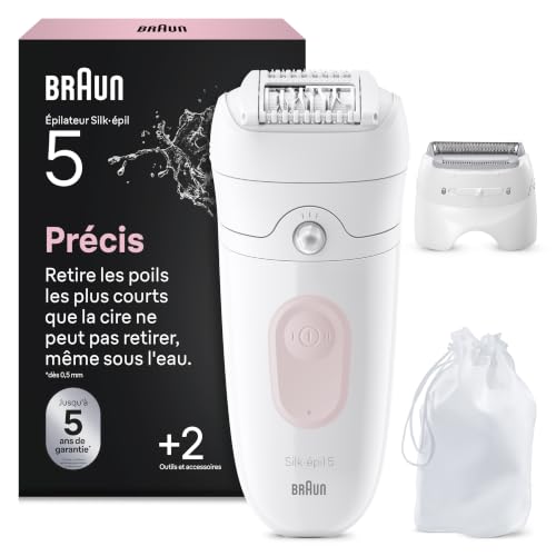 Braun Epilateur Electrique Femme Silk Epil 5, 5-030, Blanc et Rose Flamant – Etanche, sans Fil, Embout Rouleau de Massage, Coffret Epilation avec Tête de...