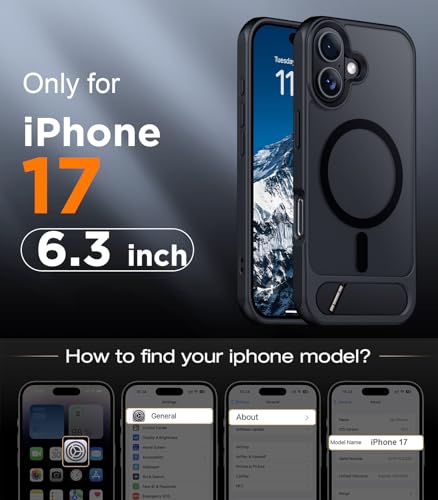 Image of Designed for iPhone 17 Case, [Built-in Invisible Kickstand][Compatible with MagSafe][Military Grade Shockproof] Slim Translucent Matte Phone Case for iPhone 17 6.3 inch (Black)