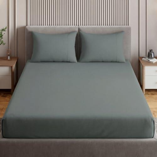 Image of Haus and Kinder Double Bedsheet, 300 TC 100% Organic Cotton Percale Weave, Fitted Bedsheet for Double Size Bed with 2 Pillow Covers - Marrow Stitch Detaling (Coastal Calm, 60 inchx78 inchx10 Size)