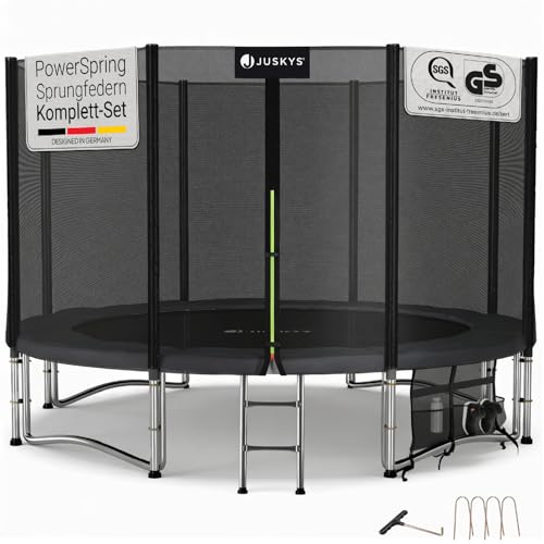 Juskys Trampolin JumpMaster XL Ø 366 cm – Outdoor Gartentrampolin mit Sicherheitsnetz, Leiter & Bodenankern, PowerSpring Sprungfeder, bis 150 kg