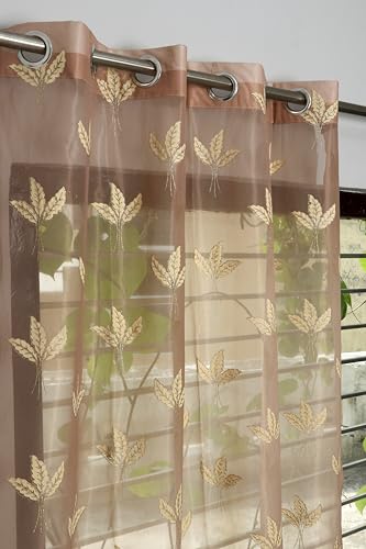 Image of IVAZA Polyester Semi-Transparent Leaf Embroidered Curtain ? Sheer Voile Panel with Eyelets ? Lightweight & Airy ? Ideal for Living Room, Bedroom, Balcony Long Door- 9 Feet (Pack of 1) Beige