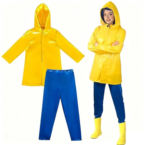 animacoser Coraline Womens Yellow Raincoat with Blue Trousers Costume Fancy Dress for Carnival and Halloween