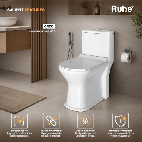 Image of Ruhe Oreo One-Piece Western Toilet with 3D Siphonic Flushing System| S-Trap | White Glossy Ceramic | 26 x 13 x 29 inches | Soft-Close Seat Cover | Dual Flushing | Floor Mounted Western Commode
