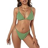 ZAFUL Women's Ribbed Leopard Frilled Thong Triangle Lettuce Trim Padded String Bikini Set Swimsuit (