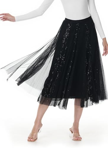 GroYolan Damen Tüllrock Lang Glitzer A-Linie Maxirock mit Pailletten...