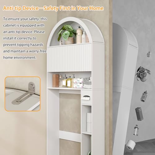 Image of 31 inch W Arched Over The Toilet Storage Cabinet, Fluted Doors, White | Over Toilet Bathroom Organizer with Doors, Bathroom Storage Cabinet with Toilet Paper Holder and Anti-Tipping Device