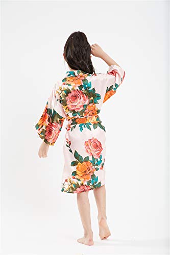 QXQTER Peony Floral Silk Kimono Robe Wedding Bridesmaid Robes Dressing Gown Nightgown for Girls4