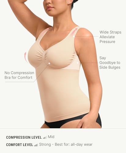 Image of FeelinGirl Women Tank Tops Shapewear: Tummy Control Compression Tank V Neck Seamless Body Shaper Camisole Tops for Women