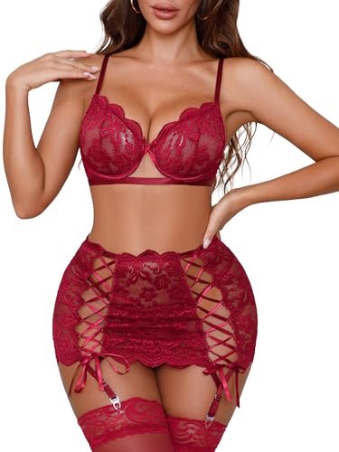 Donnalla Lingerie for Women Sexy 3 Piece Lingerie Set with Garter Skirt and Panty, Lace Bra and Panty Set (NO STOCKINGS) Wine Red - image 1