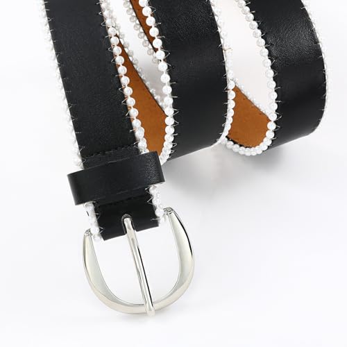 Women's Black Leather Belt with Silver Buckle and Pearl Embellishment - Perfect for Pants and Dresses4