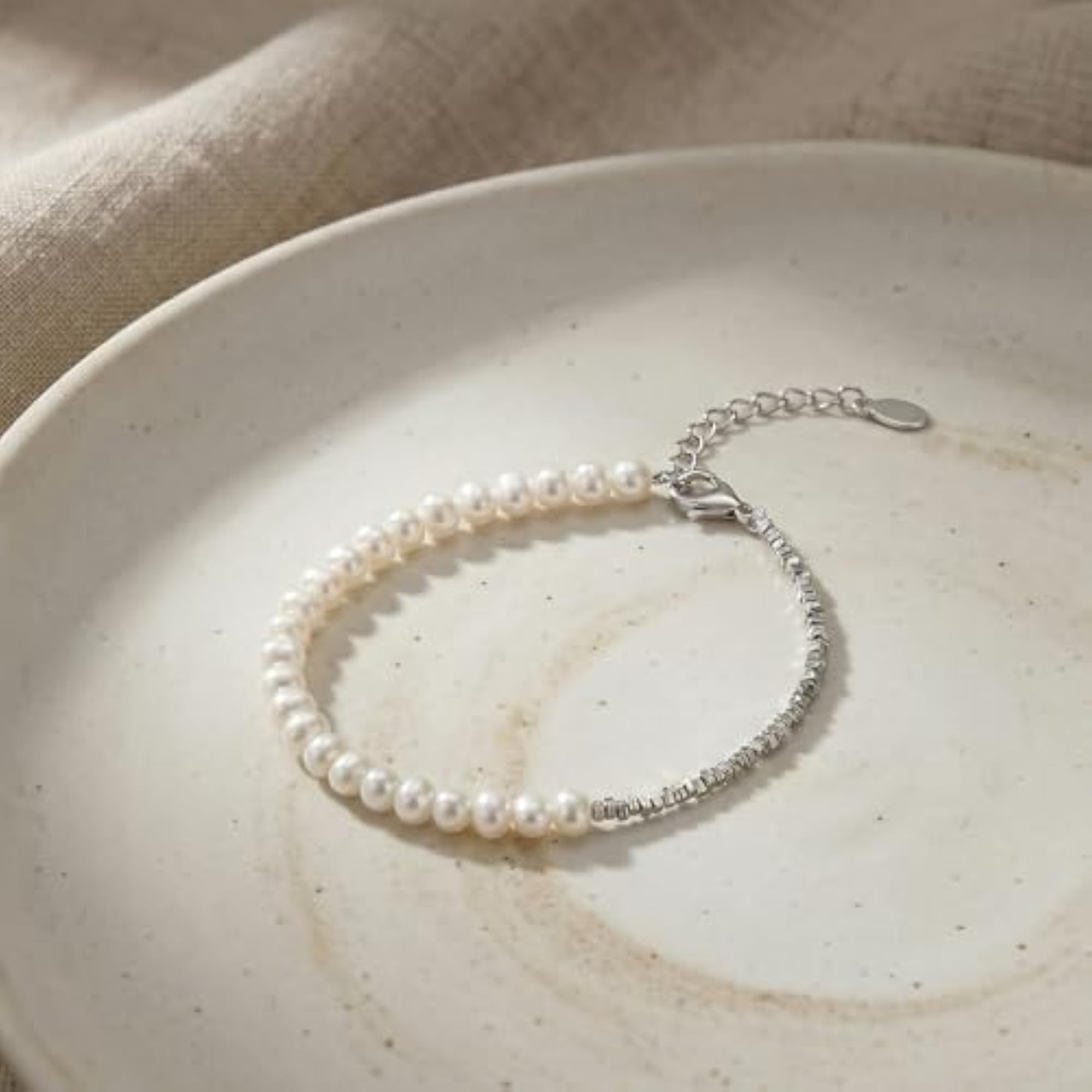 Pure 925 Silver Pearl Station Bracelet for Women