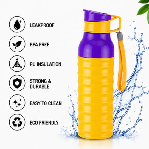 Image of CELLO Puro Steel-X Delta 900 PU Insulated Water Bottle for Office 705 ml Yellow | Wide Mouth Easy to Carry with Strap Leak Proof Flip Top Lid Inner Steel Water Bottle for School Kids, College & Travel
