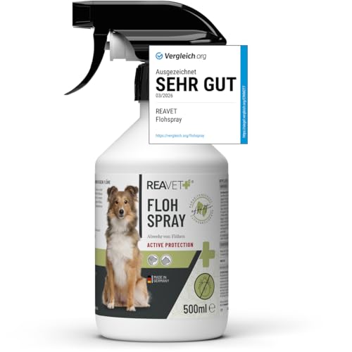 TESTURTEIL SEHR GUT 2026 ReaVET Flohspray für Katzen & Hunde 500ml - Sofortschutz gegen Flöhe bei Befall & vorbeugend mit Langzeitschutz, Flohmittel auch für Wohnung, Möbel I Anti-Floh-Spray