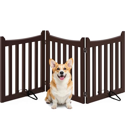 Image of Yaheetech Freestanding Wooden Dog Gate, 3-Panel 24in H Pet Barrier Espresso