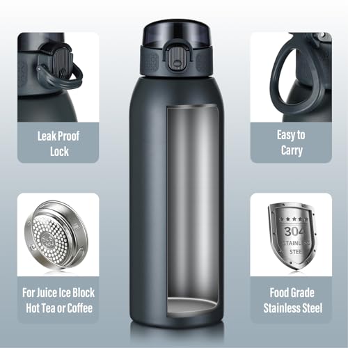 Image of Insulated Water Bottle 24 oz with Dustproof Lid, Carry Handle & Tea Infuser, BPA-Free & Leakproof, Stainless Steel Water Bottles Ideal for Fitness, Hiking, Office & Outdoor Use (Cold Gray)