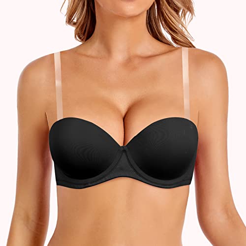 Women's Push Up Strapless Thick Padded Convertible Multiway Bra Underwire Supportive Bra With Detachable Clear Straps Black, 40B #TOP1