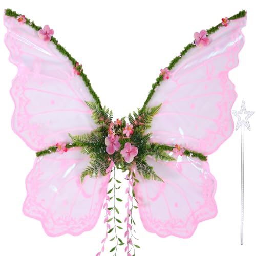Yieeonc Fairy Wings for Adults Women Fairy Costume Star Wands Set Large Butterfly Wings for Halloween Party Pink