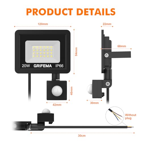 GRIFEMA 20W LED Strahler Mit Bewegungsmelder, 2200LM, 6500K Kaltweiß, IP66 Wasserdicht, 180° Verstellbare Halterung Für Garten, Garage, Hof, Außenbeleuchtung, Ohne Stecker