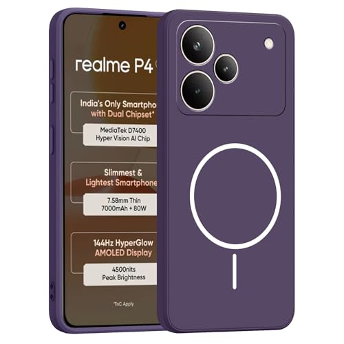 Image of amazon basics Back Cover for Realme P4 5G | Ultra Slim Soft Rubberised Case | Magsafe Logo Printed (Not Magsafe Compatible) | Camera Protection - Purple