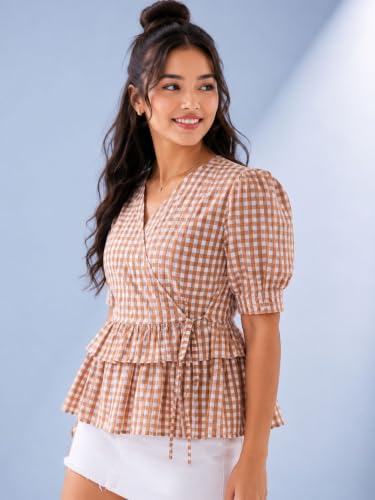 MYSHKA Women's Blue Cotton Gingham Wrap Peplum Top | V-Neck Puff