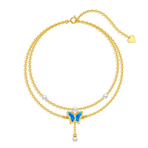 14K Real Gold Butterfly Anklets for Women Girls,Solid Gold Blue Opal Butterfly Ankle Bracelet Layered Foot Anklet Sea Beach Jewelry Gifts for Mothers Day Birthday 7.5/8+2 inch