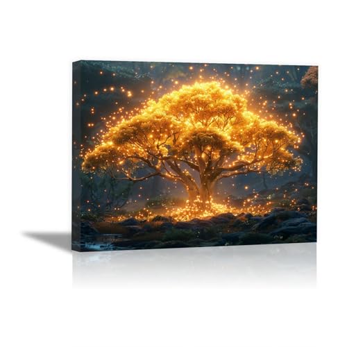 JOSUE Tableau Arbre De Vie Arbre abstrait Tableau Sur Toile,Or, noir DéCor Murale Pour Chambre Peintures Pour Maison Bain Salon- 30x40cm Encadrée