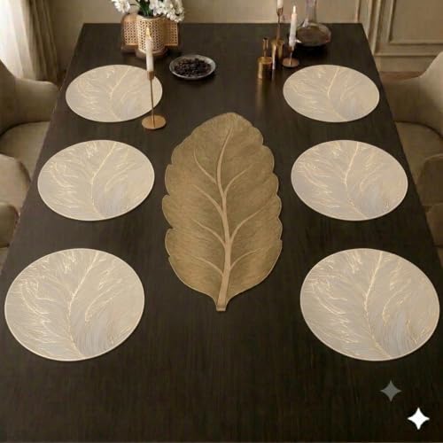 Image of Dakshya Industries Dining Table Mats Round PVC Set | 6 Waterproof Placemats (38 x 38 cm) + 1 Table Runner (91 x 33 cm) | Heat Resistant, Kitchen Decor (Virelle)