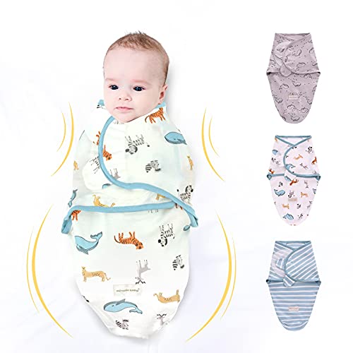 Image of 3 Pack Newborn Swaddle Blanket Adjustable Wrap Receiving Blanket Baby 100% Cotton Sleep Bag (0-3 Months, Whale + Elk + Green Stripe)