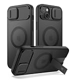 SURITCH Cover Magnetica compatibile con iPhone 14 Plus/15 Plus, integrato Kickstand & copertura della fotocamera & schiena traslucida Custodia protettiva sottile(Nero)