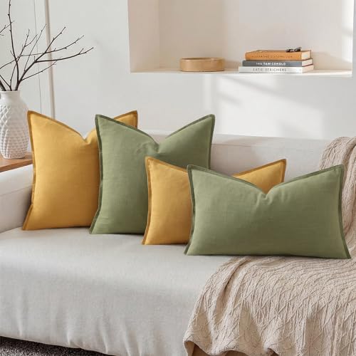 Image of decorUhome Fall Decorative Linen Throw Pillow Covers 12x20 Inch Set of 2 Mustard Yellow Lumbar Pillow Covers with Flange Edges Soft Farmhouse Boho Accent Pillow Cases for Couch Bed Living Room