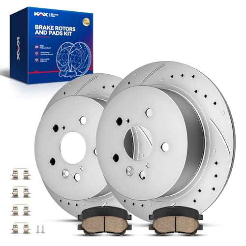 Image of KAX Rear Brake Kit, Drilled and Slotted Brake Rotors, Ceramic Brake Pads | Fits Toyota Highlander 2008-2013, Toyota Highlander 2014 3.5L, Automotive Replacement Brake Kit