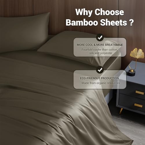 Image of Shilucheng 4 Piece Full Sheet Sets, Cooling Sheets, Blend Rayon Derived from Bamboo, Deep Pocket Up to 16 inch, Breathable & Soft Bed Sheets, Hotel Silky Bedding Set, Taupe