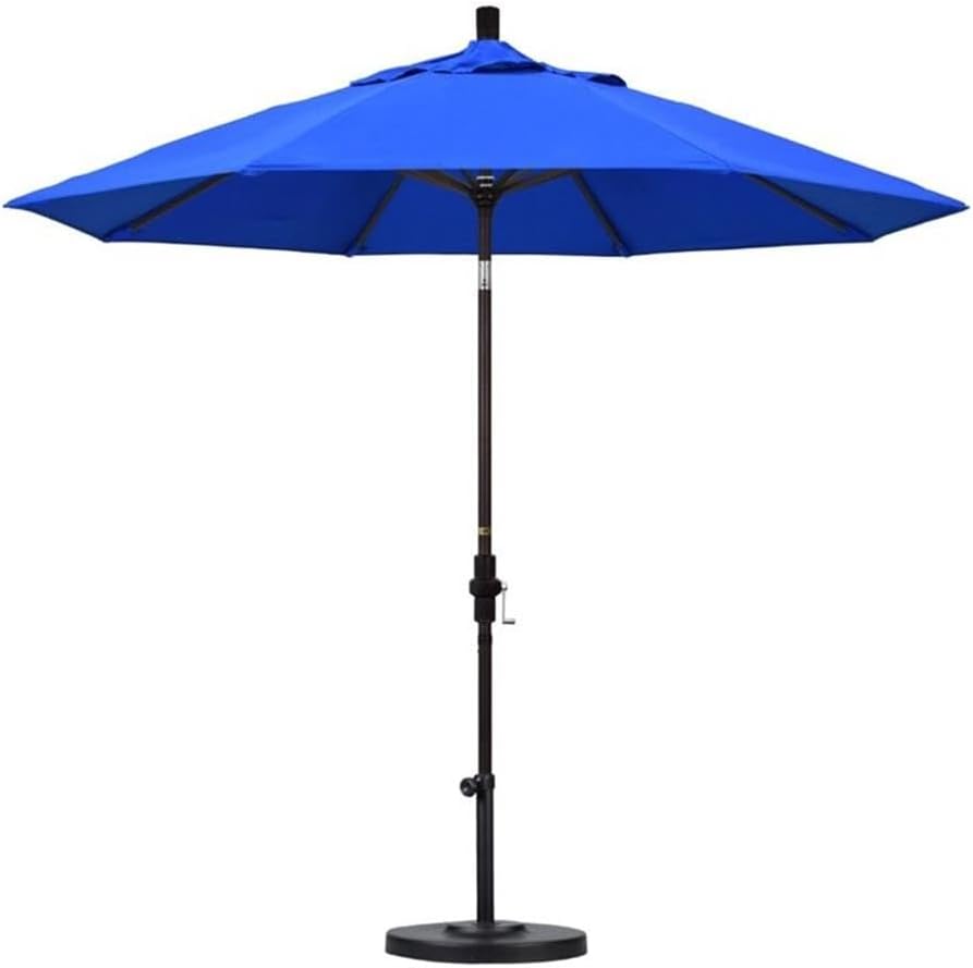 Pemberly Row 9' Bronze Patio Umbrella, Aluminum Frame, Pacific Blue Canopy, Collar Tilt Design, Crank-to-Open, 102" H x 108" W x 108" D, Durable Outdoor Umbrella for Patio or Garden