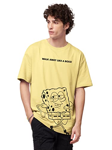 Image of The Souled Store|Official Spongebob: Like A Boss Mens and Boys T-Shirts|Loose fit Graphic Printed| 80% Cotton 20% Polyester Yellow Color Men Oversized T-Shirts