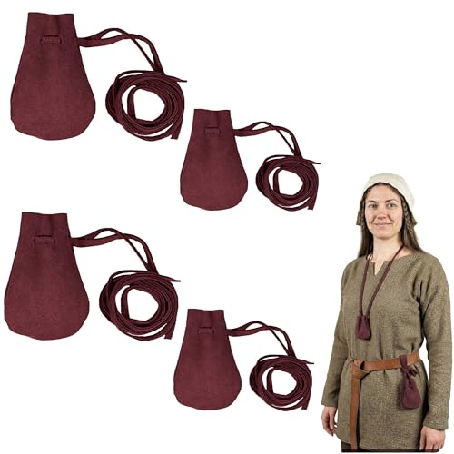 Image of Mythrojan Pack of 4 Small Trinket Pouches Suede Leather Drawstring Coin & Dice Bags for LARP, SCA, Viking & Medieval Events, Color : Wine Red