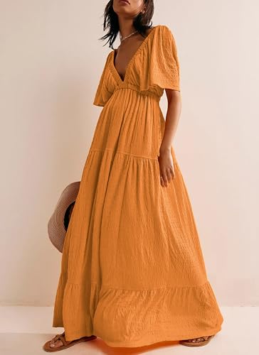 Image of Kikibell Women Summer Dresses Sexy V-Neck Maxi Dress Tiered Silhouette with Flutter Sleeve Backless Elastic Waist Flowy Dress