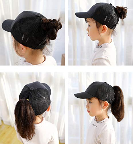 4 Pieces Kids Girls Glitter Mesh Baseball Ball Cap Trucker Dad Sun Visor Hats Messy Buns Ponycaps (Black, Pink, Hotpink, Light Blue, 3-9 Years) #TOP2