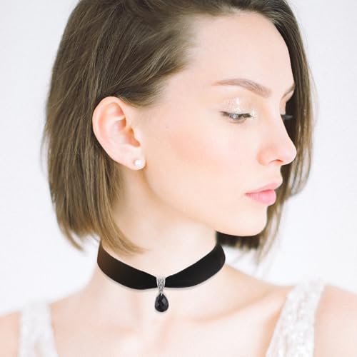 Telooco Schwarz Samt Trachtenkette Damen Halskette mit Anhänger Kropfband Breit Tropfen Choker Verstellbarer 90er Jahre Halsband für Feiertagsparty Cosplay Halloween