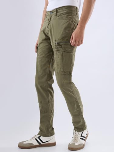 Image of Spykar Men Mid Rise Khaki Regular Fit Cargo