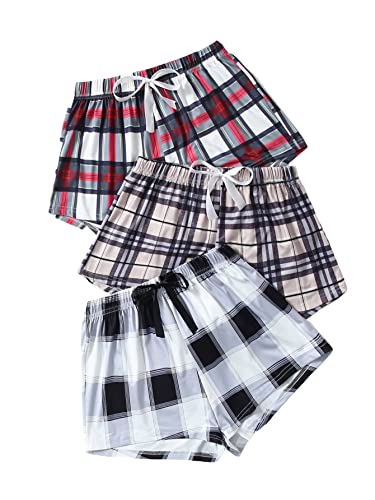 GORGLITTER Women's 3 Piece Plaid Pajama Shorts Elastic Waist Cute Pj Sleep Lounge Shorts