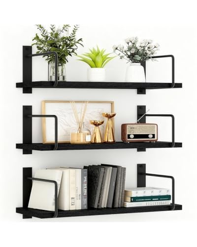 TRAYINDALY Estanteria Pared Madera Juego de 3, Baldas Flotantes Pared Rústicos y Decorativas, Ideals para Dormitorio, Baño, Cocina, Oficina, Sala (Negro)