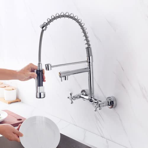 Flwueue Wall Mount Faucet 8 Inches Center, With Pull Down Sprayer, Dual Spray Mode And Dual Handle, High Arc Single Handle Spring Kitchen Sink Faucet, Grifos De Cocina, Chrome #TOP2