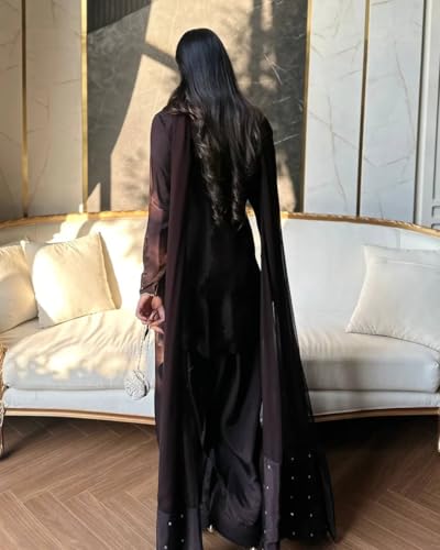Image of Luxury Black Embroidered Women's 3-Piece Suit Set - Elegant Long Kurta with Silver Leaf Embellishment, Wide-Leg Pants & Matching Dupatta (Full Stitched)